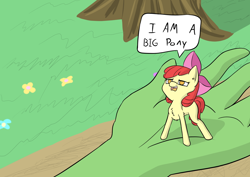 Size: 1414x1000 | Tagged: safe, artist:happy harvey, edit, imported from derpibooru, apple bloom, oc, oc:anon, human, blank flank, blatant lies, chest fluff, colored, denial, drawn on phone, female, filly, hand, in goliath's palm, macro, micro, offscreen character, phone drawing, shared, shrunk, size difference, tiny ponies