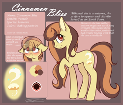 Size: 1214x1038 | Tagged: safe, artist:doekitty, imported from derpibooru, oc, oc only, oc:cinnamon bliss, pony, unicorn, female, floppy ears, mare, reference sheet, small horn, solo