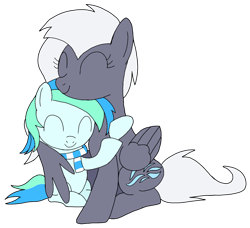 Size: 1360x1240 | Tagged: safe, artist:toyminator900, imported from derpibooru, oc, oc only, oc:aureai gray, oc:cyan lightning, pegasus, pony, unicorn, clothes, cute, duo, eyes closed, hug, ocbetes, scarf, simple background, sitting, smiling, transparent background, winghug