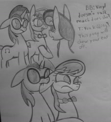 Size: 1280x1410 | Tagged: safe, artist:poorlydrawnpony, imported from derpibooru, bon bon, dj pon-3, octavia melody, sweetie drops, vinyl scratch, biting, dialogue, ear bite, grayscale, literal, monochrome, mute vinyl, open mouth, pun, raised hoof, traditional art, visual pun