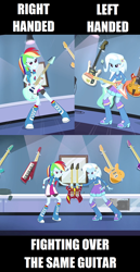 Size: 1000x1940 | Tagged: safe, edit, edited screencap, imported from derpibooru, screencap, rainbow dash, trixie, equestria girls, guitar centered, rainbow rocks, double guitar, guitar, image macro, left handed, meme