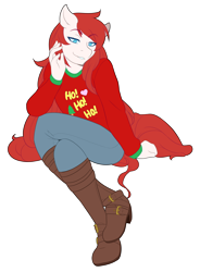 Size: 1280x1741 | Tagged: safe, artist:mylittlesheepy, imported from derpibooru, oc, oc only, oc:air raid, anthro, plantigrade anthro, anthro oc, bedroom eyes, boots, christmas sweater, clothes, crossed legs, femboy, high heels, jeans, long hair, looking at you, male, pants, simple background, solo, sweater, transparent background, trap