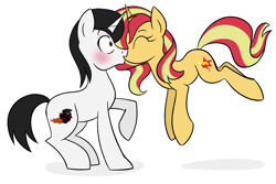 Size: 1500x1000 | Tagged: safe, artist:wubcakeva, imported from derpibooru, sunset shimmer, oc, oc:hot rod, pony, unicorn, blushing, canon x oc, kissing, male, shipping, stallion, straight