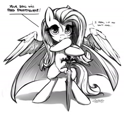 Size: 2000x1867 | Tagged: safe, artist:fidzfox, imported from derpibooru, fluttershy, pony, badass, badass adorable, bipedal, cape, clothes, crossover, cute, female, flutterbadass, frostmourne, frown, grayscale, hoof hold, if you don't mind, looking at you, monochrome, runes, solo, spread wings, sword, warcraft, weapon