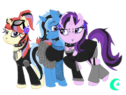 Size: 1024x768 | Tagged: safe, artist:beanbases, artist:drunkhorse-inn, imported from derpibooru, moondancer, starlight glimmer, trixie, pony, unicorn, alternate hairstyle, base used, belt, chains, choker, clothes, counterparts, dress, ear piercing, earring, eyebrow piercing, eyeliner, female, fishnets, glasses, goth, hair dye, jewelry, lesbian, lip piercing, looking at each other, looking at you, makeup, mare, messy hair, messy mane, nose piercing, nose ring, piercing, plaid, shipping, simple background, skirt, smiling, spiked choker, startrix, transparent background, twilight's counterparts