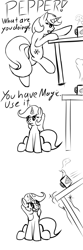 Size: 900x2700 | Tagged: safe, artist:frecklesfanatic, imported from derpibooru, oc, oc only, oc:peppermint snowflake, pony, unicorn, chocolate, comic, food, grin, hot chocolate, imminent darwin award, magic, problem solved, smiling, there i fixed it, this will end in burns, this will end in pain, this will end in spilled hot chocolate, this will end in tears, too dumb to live