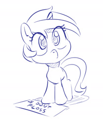 Size: 1280x1530 | Tagged: safe, artist:dilarus, deleted from derpibooru, imported from derpibooru, minuette, looking at you, monochrome, pony shaming, sign, simple background, solo, white background