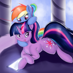 Size: 3000x3000 | Tagged: safe, artist:twiren, imported from derpibooru, rainbow dash, twilight sparkle, pony, behaving like a cat, cute, female, laser, laser pointer, lesbian, rainbow cat, shipping, silly, silly pony, twidash