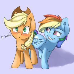 Size: 3200x3200 | Tagged: safe, artist:dbleki, imported from derpibooru, applejack, rainbow dash, :o, applebetes, appledash, blushing, butt touch, confused, cute, dashabetes, feathermarking, female, fluffy, fluffyball, gradient background, grin, jackabetes, lesbian, lidded eyes, looking at you, love, never doubt tchernobog's involvement, open mouth, shipping, smiling, sweet dreams fuel, wide eyes