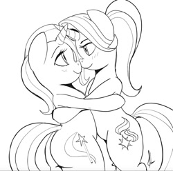 Size: 969x962 | Tagged: safe, artist:grissaecrim, artist:raikoh, imported from derpibooru, starlight glimmer, trixie, pony, bipedal, black and white, blushing, boop, embrace, eye contact, female, grayscale, hug, lesbian, lidded eyes, looking at each other, monochrome, nose wrinkle, noseboop, shipping, simple background, sketch, smiling, startrix, white background