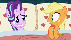 Size: 1920x1080 | Tagged: safe, edit, edited screencap, imported from derpibooru, screencap, applejack, starlight glimmer, 28 pranks later, applejack's bed partner, bed, blushing, cute, exploitable meme, female, glimmerjack, lesbian, meme, pillow, shipping