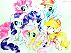 Size: 2048x1535 | Tagged: safe, artist:liaaqila, imported from derpibooru, applejack, fluttershy, pinkie pie, rainbow dash, rarity, twilight sparkle, mane six, mane six opening poses, scene interpretation, traditional art