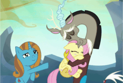 Size: 1557x1051 | Tagged: safe, artist:lettelauren, imported from derpibooru, discord, fluttershy, oc, oc:drip drop, to where and back again, animated, awkward, discoshy, gif, male, shipper on deck, shipping, straight