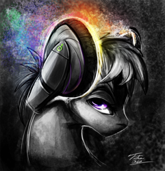 Size: 540x560 | Tagged: safe, artist:tsitra360, imported from derpibooru, oc, oc only, pony, headphones, monochrome, my little art challenge, neo noir, partial color, solo