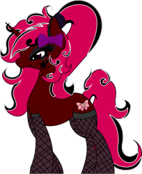 Size: 1144x1405 | Tagged: safe, artist:lyoka, deleted from derpibooru, imported from derpibooru, oc, oc only, oc:mythia lore, pony, unicorn, bow, clothes, female, fishnets, goth, hair bow, mare, solo, stockings