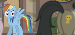 Size: 793x375 | Tagged: safe, imported from derpibooru, screencap, rainbow dash, pegasus, pony, stranger than fan fiction, background pony, butt, eyes on the prize, fake cutie mark, female, looking at butt, mare, out of context, plot, spread wings, wingboner