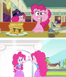 Size: 1592x1836 | Tagged: safe, imported from derpibooru, screencap, lucky breaks, pinkie pie, earth pony, pony, the clone that got away, equestria girls, friendship games, season 6, the saddle row review, blooper, bracelet, canterlot high, clone, clothes, coffee pot, comparison, diner, discovery family logo, food, friendship games bloopers, hat, human paradox, jewelry, outtakes, pancakes, paradox, pinkie being pinkie, pinkie clone, restaurant, self ponidox, skirt, subversion, this explains everything