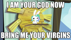 Size: 1120x630 | Tagged: safe, edit, edited screencap, imported from derpibooru, screencap, angel bunny, testing testing 1-2-3, angelestia, bring me your virgins, i am your god now bring me your virgins, male, solo