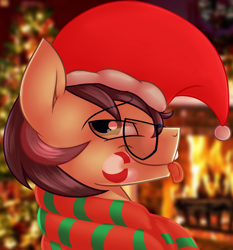 Size: 1024x1101 | Tagged: safe, artist:aidraws, artist:artsyambi, imported from derpibooru, oc, oc only, oc:ambiguity, earth pony, pony, candy, candy cane, clothes, food, glasses, hat, male, santa hat, scarf, solo, stallion, tongue out