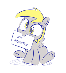 Size: 928x1024 | Tagged: safe, artist:dilarus, deleted from derpibooru, edit, imported from derpibooru, derpy hooves, pegasus, pony, cute, female, mare, mouth hold, pony shaming, predator, sign, simple background, sitting, smiling, solo, spread wings, underhoof, white background