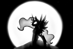 Size: 1239x835 | Tagged: safe, artist:alazak, imported from derpibooru, princess luna, female, full moon, glowing eyes, glowing mane, monochrome, moon, solo, spread wings, white eyes