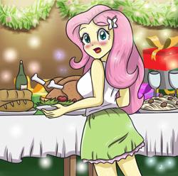 Size: 3507x3472 | Tagged: safe, artist:sumin6301, imported from derpibooru, fluttershy, equestria girls, blushing, breasts, busty fluttershy, christmas, clothes, cute, female, food, looking back, party, rear view, shyabetes, skirt, solo, surprised, tanktop