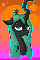 Size: 700x1053 | Tagged: safe, artist:astardragon, artist:colouredteapot, imported from derpibooru, queen chrysalis, changeling, changeling queen, crown, evil grin, female, grin, jewelry, neon, regalia, smiling, solo