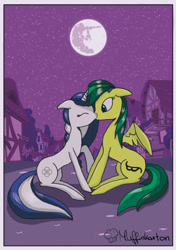 Size: 540x768 | Tagged: safe, artist:muffinkarton, imported from derpibooru, oc, oc only, oc:muffin, pegasus, pony, unicorn, eyes closed, female, kissing, lesbian, mare in the moon, moon, muffin, my little pony, ponyville, stars