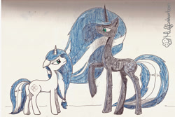 Size: 3417x2278 | Tagged: safe, artist:muffinkarton, imported from derpibooru, oc, oc only, oc:muffin, oc:nightmare muffin, pony, unicorn, fight, food, good vs evil, muffin, simple background, two sides