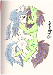 Size: 2481x3507 | Tagged: safe, artist:muffinkarton, deleted from derpibooru, imported from derpibooru, oc, oc only, oc:ferb, oc:muffin, earth pony, pony, unicorn, cuddling, female, food, lesbian, muffin, simple background, snuggling, traditional art