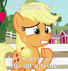 Size: 469x492 | Tagged: safe, edit, edited screencap, imported from derpibooru, screencap, applejack, where the apple lies, animated, female, gif, image macro, loop, meme, nervous, reaction image, solo, teenage applejack