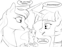 Size: 1280x989 | Tagged: safe, artist:silfoe, imported from derpibooru, discord, princess luna, twilight sparkle, alicorn, pony, dialogue, female, grayscale, lesbian, monochrome, shipping, sketch, twilight sparkle (alicorn), twiluna
