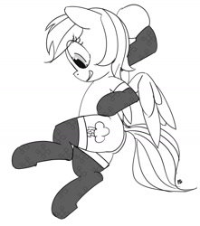 Size: 1280x1451 | Tagged: safe, artist:pabbley, imported from derpibooru, rainbow dash, clothes, female, flying, monochrome, simple background, snow, snowball, socks, solo, thigh highs, white background