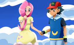 Size: 1632x1000 | Tagged: safe, artist:riadorana, imported from derpibooru, fluttershy, human, ash ketchum, blushing, crossover, crossover shipping, fanfic, fanfic art, holding hands, humanized, male, pokémon, shipping, straight