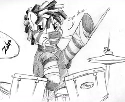 Size: 2000x1639 | Tagged: artist needed, safe, imported from derpibooru, oc, oc only, oc:ezekiel, zebra, drum kit, drums, grayscale, looking at you, monochrome, musical instrument, sketch, smiling, solo, zigga