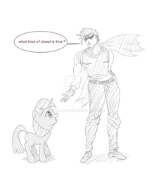 Size: 1024x1170 | Tagged: safe, artist:stratodraw, imported from derpibooru, twilight sparkle, crossover, dialogue, duo, grayscale, jojo's bizarre adventure, joseph joestar, monochrome, speech bubble, watermark