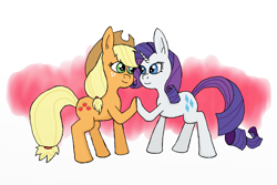 Size: 1200x800 | Tagged: safe, artist:eulicious, imported from derpibooru, applejack, rarity, female, holding hooves, lesbian, looking at each other, rarijack, shipping, simple background