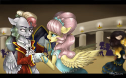 Size: 1024x640 | Tagged: safe, artist:amberswirl, imported from derpibooru, fluttershy, rainbow dash, the count of monte rainbow, ballroom, colored pupils, crossover, i know those eyes, open mouth, rainbow dantes, shycedes, signature, the count of monte cristo, this man is dead