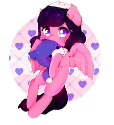 Size: 1280x1397 | Tagged: safe, artist:wallywind, imported from derpibooru, oc, oc only, pegasus, pony, hat, heart eyes, hug, plushie, simple background, solo, transparent background, wingding eyes