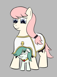 Size: 671x900 | Tagged: safe, imported from derpibooru, oc, oc only, oc:emerald jewel, oc:hope blossoms, pony, colt quest, alternate color palette, amulet, between legs, boots, child, clothes, color, colt, cute, cyoa, female, foal, hair over one eye, male, mare, ponytail, smiling