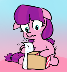 Size: 1280x1375 | Tagged: safe, artist:tanmansmantan, imported from derpibooru, lily longsocks, earth pony, pony, cute, female, filly, floppy ears, hedgehog's dilemma, nervous, present, shaking, solo, sweat, wrapping paper