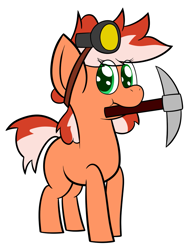 Size: 935x1200 | Tagged: safe, artist:hypermarc, artist:marcodile, imported from derpibooru, oc, oc only, oc:ruby streak, earth pony, pony, flashlight (object), headlamp, improvisation, mouth hold, pickaxe, simple background, solo, white background