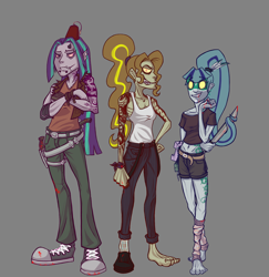 Size: 1522x1564 | Tagged: safe, artist:madness-with-reason, imported from derpibooru, adagio dazzle, aria blaze, sonata dusk, barefoot, blood, brass knuckles, clothes, converse, feet, machete, shoes, style challenge, style emulation, tattoo, the dazzlings