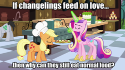 Size: 1280x720 | Tagged: safe, edit, edited screencap, imported from derpibooru, screencap, applejack, lucky clover, princess cadance, queen chrysalis, changeling, a canterlot wedding, caption, disguise, disguised changeling, fake cadance, food, glowing horn, green magic, image macro, impact font, levitation, magic, meme, question, telekinesis