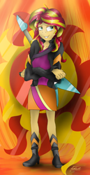 Size: 1700x3300 | Tagged: safe, artist:fretnoizeart, imported from derpibooru, sunset shimmer, equestria girls, boots, clothes, crossed arms, electric guitar, female, flying v, guitar, high heel boots, high heels, jacket, leather jacket, lidded eyes, musical instrument, signature, skirt, solo, sunset shredder