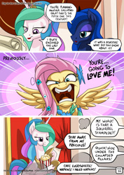 Size: 955x1351 | Tagged: safe, artist:mysticalpha, imported from derpibooru, fluttershy, princess celestia, princess luna, alicorn, pony, comic:day in the lives of the royal sisters, the best night ever, aweeg*, comic, crown, dialogue, eating, female, flutterrage, food, horseshoes, implied prince blueblood, jewelry, mare, peytral, popcorn, regalia, speech bubble, trollestia, you're going to love me