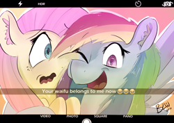 Size: 900x637 | Tagged: safe, artist:bow2yourwaifu, imported from derpibooru, fluttershy, rainbow dash, crying laughing emoji, emoji, female, flutterdash, hug, lesbian, one eye closed, sad, selfie, shipping, shy, smiling, snapchat, waifu, waifu thief, wink, 😂