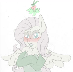 Size: 1577x1550 | Tagged: safe, artist:blackbewhite2k7, imported from derpibooru, fluttershy, anthro, blushing, breasts, cleavage, crossover, female, flutterbitch, holly, holly mistaken for mistletoe, imminent kissing, lipstick, offscreen character, poison ivy, pov, sketch, solo, tsundere, wip