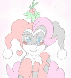 Size: 1208x1321 | Tagged: safe, artist:blackbewhite2k7, imported from derpibooru, pinkie pie, blushing, crossover, female, harley quinn, holly, holly mistaken for mistletoe, imminent kissing, offscreen character, pov, sketch, solo, wip