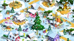 Size: 610x343 | Tagged: safe, imported from derpibooru, fluttershy, pinkie pie, pipsqueak, rainbow dash, rarity, rivet, twilight sparkle, christmas tree, game screencap, gameloft, ponyville, snow, tree, windmill, winter, zecora's hut